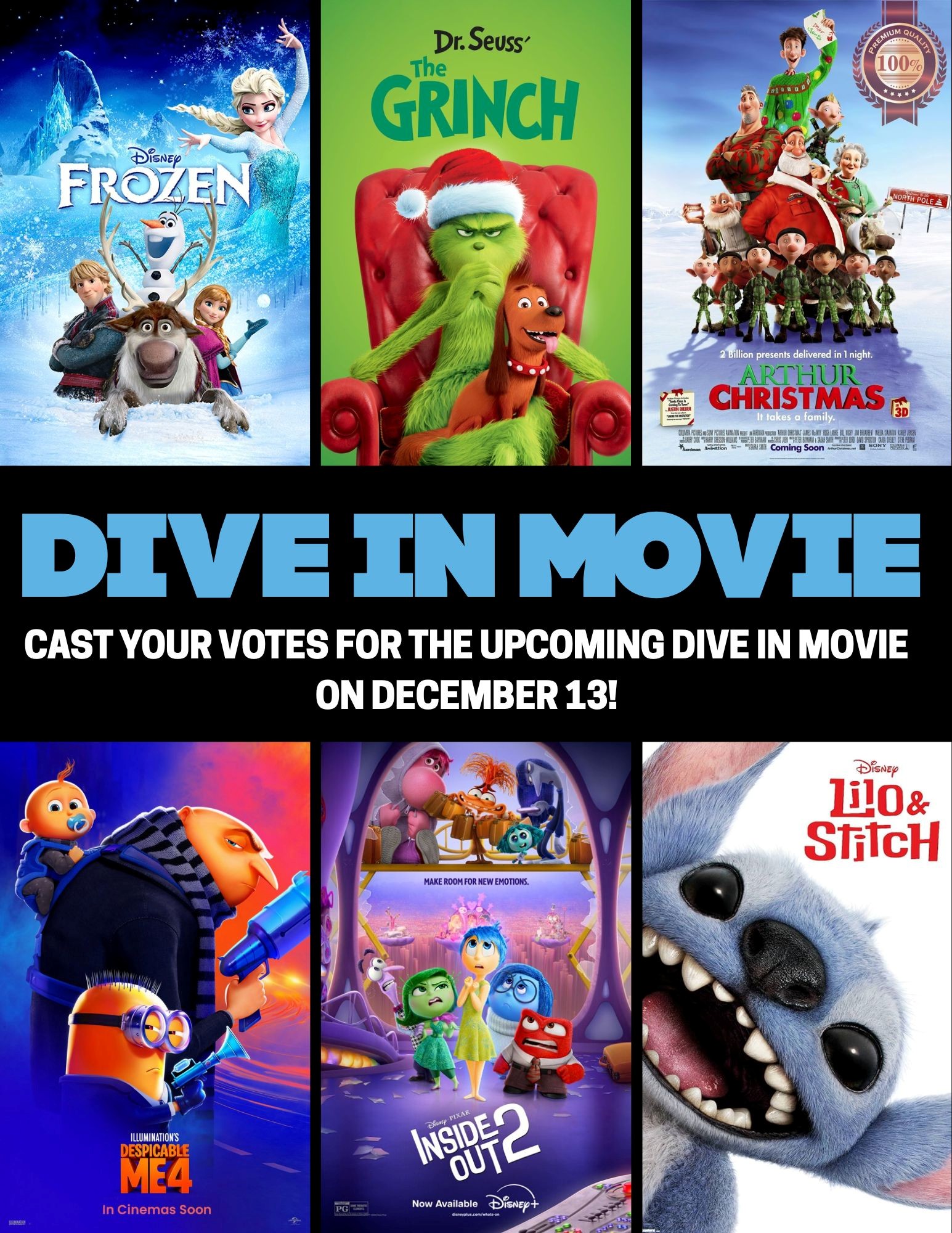 A graphic depicting the covers of six family films.